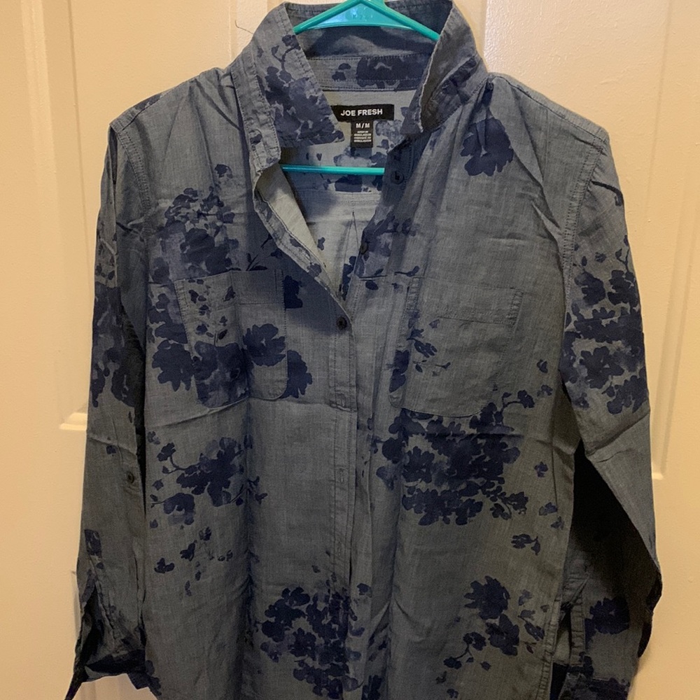 Joe Fresh-Printed chambray roll up sleeve, med wash, size M